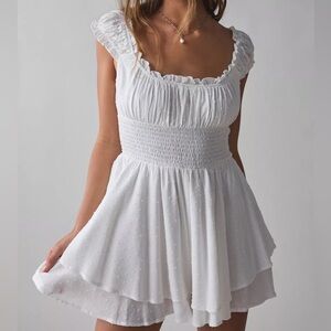 Urban Outfitters White Puff Sleeve Rosie Smocked Ruffle Romper